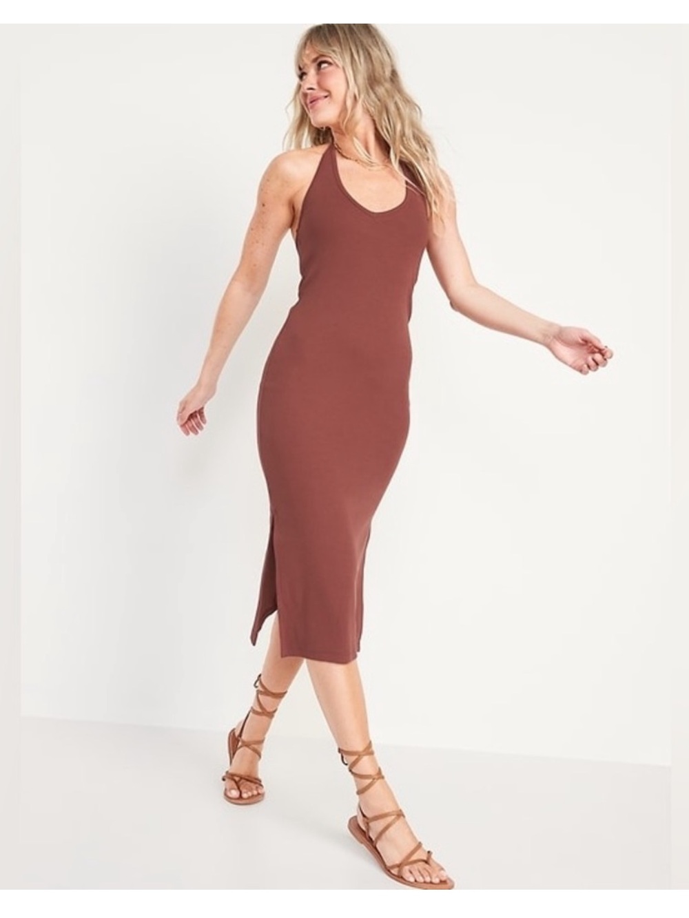 Old Navy Brown Rib-Knit Halter Midi Dress